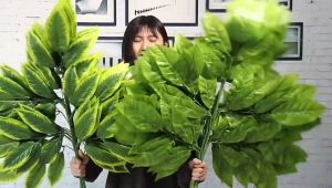 12pcs 3 Fork Artificial Mango Leaves Green White Fake Plants DIY Faux Bouquet Artificial Foliage for Home Wedding Forest Party Decoration