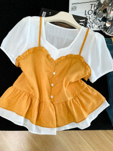 7.Modifier | Áo Blouse Tay Ngắn Thời Trang Có Chi Tiết Dây Chấm Bi