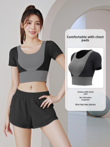 Yoga Clothes Suit Womens Spring & Fall New Arrival Professional Sports Running Quick-Drying Tops Short Sleeve Vest Workout Clothes with Chest Pad