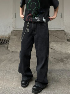 กางเกงยีนส์ทรงหลวมขากว้างสีดำสำหรับผู้ชาย ทรงหลวม ทรงตรง กางเกงขายาว สไตล์ไฮสตรีท สไตล์วินเทจ กางเกงยีนส์ทรงหลวมสำหรับผู้ชาย