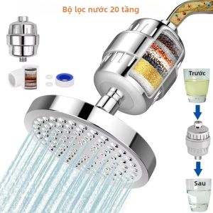 Vòi Sen 20 Cấp Lọc Với Bộ Lọc Than Hoạt Tính Làm Sạch Nước Cứng Loại Bỏ Clo Cầm Tay Hình Tròn Mạ Crôm Giúp Làm Mềm Nước Và Dưỡng Ẩm Cho Da