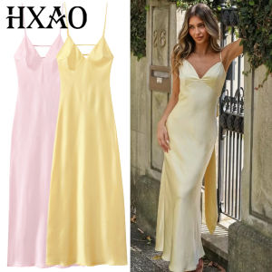 HXAO Womens Yellow Slip Dress Summer 2025 Woman Satin V-Neck Party Dresses Elegant Evening Sleeveless Backless Long Vestidos 066