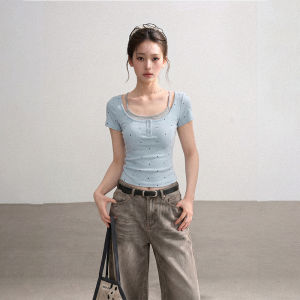 BAIDAIFEI | Blue Polka Dots Illusion Two Pieces Straight Shoulder Short Sleeve Slim Fit Crop T-Shirt