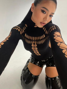 Womens Hollow out Long Sleeve Jumpsuit Street Style Perforated Design mid Waist Short Pants Polyester Fiber Thin Model