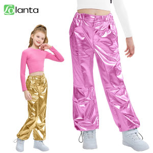 LOlanta กางเกงมันวาวเต้นรำฮิปฮอปถนนแจ๊สกางเกงจ็อกกิ้งเมทัลลิคสาวๆเสื้อผ้าแนวสตรีทกางเกงเอวยางยืดคาร์โก้ทรงหลวมสำหรับ6-13ปี