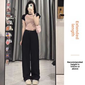 Black Slim-Fit High-Waisted Wide-Leg Summer Lightweight Trousers