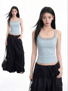 BAIDAIFEI | Blue Polka Dots Faux-Layered Sleeveless Slim Fit Breast Concealing Top