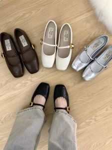Silver Korean-Style Versatile Mary Jane Flat Shoes for Women Summer French Retro Buckle Details Casual Daily Use Rubber Sole