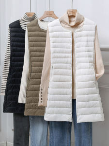 Lightweight Long down Vest Womens round Neck Spring Autumn Winter Polyamide Fiber Pocket Single Button Closure Vest