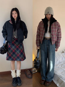 Nidiblack ผู้หญิง ลำลอง สั้น หนาขึ้น ผ้าฝ้าย เสื้อแจ็คเก็ต สวมใส่สองด้าน ลายสก็อต สีตัดกัน อุ่น ฤดูใบไม้ร่วง ฤดูหนาว เสื้อตัวนอก