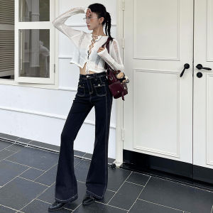 Womens Black Gray Denim Flare Pants Design Sense Stretch Pocket Contrast Stitch Floor Length Pants
