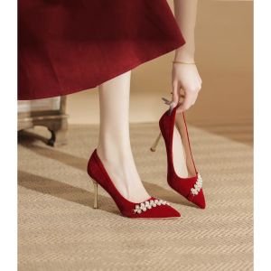 Elegant Chinese Red Wedding Shoes Pointed Toe High Heels Comfortable for Brides Fashionable Thin Heel Footless Single Shoes