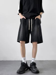 Mens Summer Loose Straight Leg Five-Quarter Shorts Casual Versatile Jeans Shorts Low Waist Polyester Cotton Blend Straight Tube