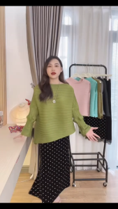 Áo thun tay dài cách điệu chất lò xo dập ly Thiết kế dáng vạt xéo dài form rộng freesize co giãn - 55KG.LINH