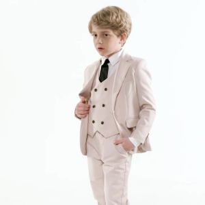 Boys Solid 4-Piece Suit Set Single Button Blazer Jacket Vest Pants Bow-tie Wedding Party Dresswear for Kids In Stock
