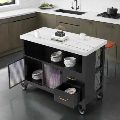 Modern Minimalist Kitchen Island Cabinet Open Bar Table Mobile Storage Furniture Metal Carbon Steel Real Wood for 2 Or More People