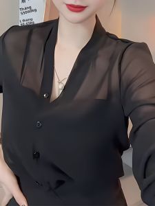 UYFY | Áo sơ mi dài tay mỏng màu đen thanh lịch cho nữ mùa thu thời trang mới thoáng khí thanh lịch thời trang hợp thời trang