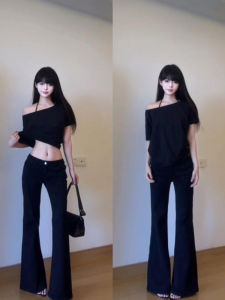 สีดำ หลวม เสื้อยืดแขนสั้นไหล่เดียวผู้หญิง ฤดูร้อน ชิค หวาน สีบริสุทธิ์เผ็ด พรางหุ่น สไตล์ ลำลอง สตรีทแวร์ เสื้อท่อนบน