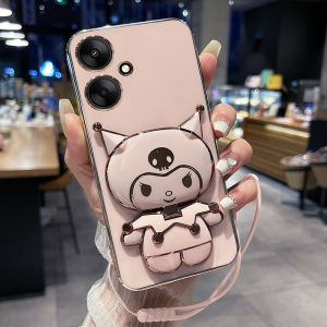 Redmi 13C Phone Case Female Version Cute Cartoon Soft Silicone Protective Cover Shockproof with Tempered Glass And Mirror Stand Holder