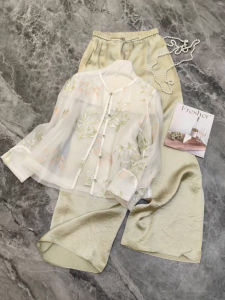 New Chinese Style Womens Fashion Sun Protection Shirt Small Top Satin Wide Leg Pants Two Piece Set High Waist Loose Fit Spring Summer