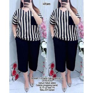 #Setelan celana salur saku polos #One set wanita