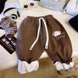 Autumn Winter Fleece Lined Casual Dog Cartoon Cuffed Pants for Kids Boys Girls Warm Comfortable Breathable Cotton Sweatpants