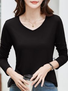 Womens Long Sleeve Modal Cotton Base Shirt V Neck T-Shirt Slim Fit Versatile Early Autumn New Style Inner Wear Fashionable Commute