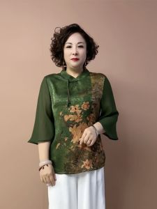 Áo Sơ Mi Lụa Cổ Đứng Tay Bảy Cỡ Lớn Cho Phụ Nữ Trung Niên Và Cao Tuổi Phong Cách Mới Mùa Hè