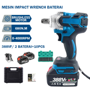 Cordless Impact Wrench Brushless 388VF 680N.M Mobil Impact Baterai Mesin Bor CVT Beton Tembok Kayu Impact Wrench 2 Baterai Kunci Impact
