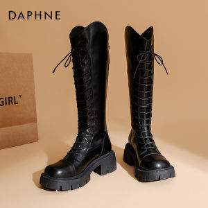 Daphne Womens Long V-Notch Knight Boots Spring Autumn No-Knee Strap Heightening Casual High-Tube Boots PU Mixed Material