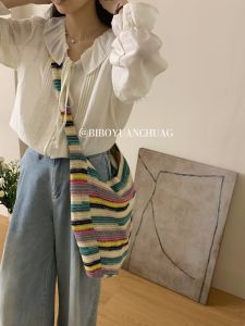 Original Thin Rainbow Knitted Crossbody Bag Artistic Ethnic Style Contrast Color Large Capacity Tote Bag for Women