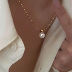 18K Saudi Gold Pawnable Natural Freshwater Pearl Pendant Clavicle Necklace for Women