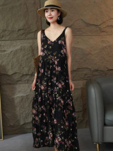 Black Summer Beach Vacation Dress Womens Miniature Strap Sundress Sunscreen Cardigan Korean Style High Waist Floral Print Midi Dress