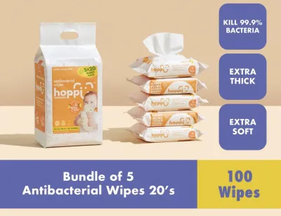 Hoppi Premium Baby Antibacterial Wipes (20 Wipes x 5 Packs)
