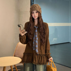 plus Size Womens Shirt Wood Grain Edge Splicing Coffee Color Long Sleeve Loose Fit Slimming Top for Autumn Vintage Style