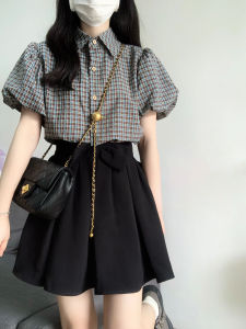 Retro Hong Kong Style Womens Summer 2025 Shirt Skirt Set Plaid Bubble Sleeve Mini Dress Two-Piece Suit Fashionable Petite Size