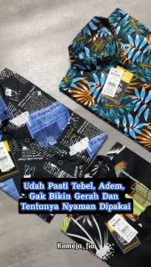 BISA COD Kemeja Surfing Pria Lengan Pendek Cowok Koran Premium Distro Motif Stripe Tulisan Printing