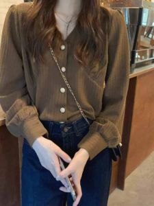 Fashion Design French Style Spring Autumn V-Neck Knitted Shirt