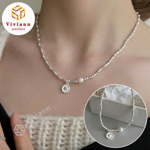 Viviann Original Design Authentic S925 Sterling Silver French Bracelet Necklace Jewelry Set Pearl Heart Pendant Silver Necklace Necklace Bracelet For Women Combination Set Ladies Elegant Pearl Series Temperament Tassel Jewelry