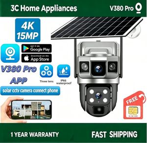 V380 Pro 3 Lens Solar CCTV Camera Connect Cellphone with Mic CCTV Camera Wifi Connect 360Three Lens Video Wifi 4G SIM Card Wireless 360° Two-Way Audio Full Color Night Vision Monitor Security Outdoor CCTV Camera Waterproof