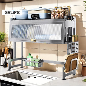 GSlife Stainless Steel Over Sink Dish Cabinet Rack Dish Drying Rack Kitchen Organizer Storage Racks with Cover Dust-Proof and Rustproof Design for Spacious Cabinet Door Storage and Organization