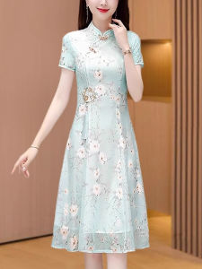 MAIMEI | Elegant Taiwanese Silk Cheongsam Dress High Waist A-Line Skirt Short Sleeve Zipper Closure Floral Pattern Summer New Arrival