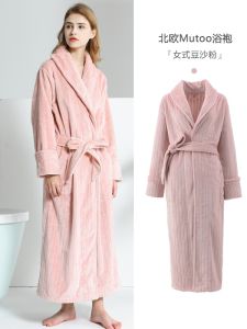 Coral Fleece Couples Robe Thickened Winter Sleepwear Mens Flannel Bathrobe Ladies Long Version Fleece Lined Simple Home Clothes