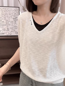 Shalldoer | Slim Two-in-One V-Neck Loose Short Sleeve Knit Top
