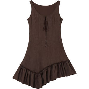 SOLWEIGE | SOLWEIGE Vacation Style Pleated Texture Asymmetrical Hem Large Round Neck Vest Dress Womens Sleeveless A-Line Summer Dress