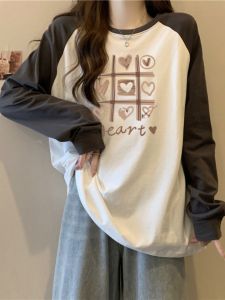 เสื้อยืดคอกลมแขนยาวหลวมๆ สำหรับผู้หญิง ฤดูใบไม้ผลิ ฤดูใบไม้ร่วง ฤดูหนาว แฟชั่นเสื้อผ้าทำงานสไตล์เกาหลี ผ้าฝ้าย