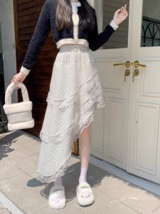 กระโปรงทรงเอผ้าลูกไม้สไตล์ฝรั่งเศสสำหรับผู้หญิง ฤดูใบไม้ร่วง 2025 กระโปรงสั้นทรงเอเอวสูง กระโปรงทรงเอทรงเอ