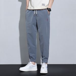 ROMON | Romon Ice Silk Mens Casual Pants Summer Thin Loose Elastic Waist Lightweight Nine-Tenths Sports Trousers Breathable Cool Feeling