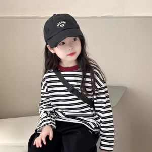 Girls Striped Long Sleeve T-Shirt Color Block Loose Korean Style Base Shirt Breathable Cotton Spring Autumn Winter Kids Clothes