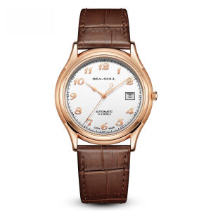 Seagull Casual Ultra-Thin Automatic Mechanical Watch Waterproof Calendar Wristwatch Fashionable round Steel Case Leather Band
